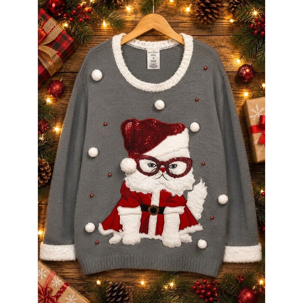 Jane Street 2X Gray Santa Cat Christmas Sweater Pom Poms Holiday Novelty Cozy